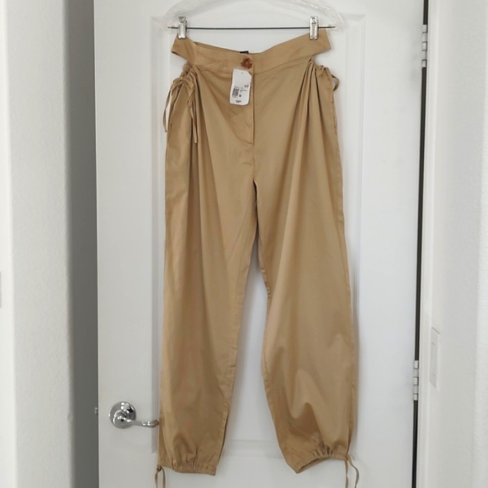 New Forever 21 High Rise Tan Cut Out At Hip Tan Pants Harem Jogger Tie Ankle M